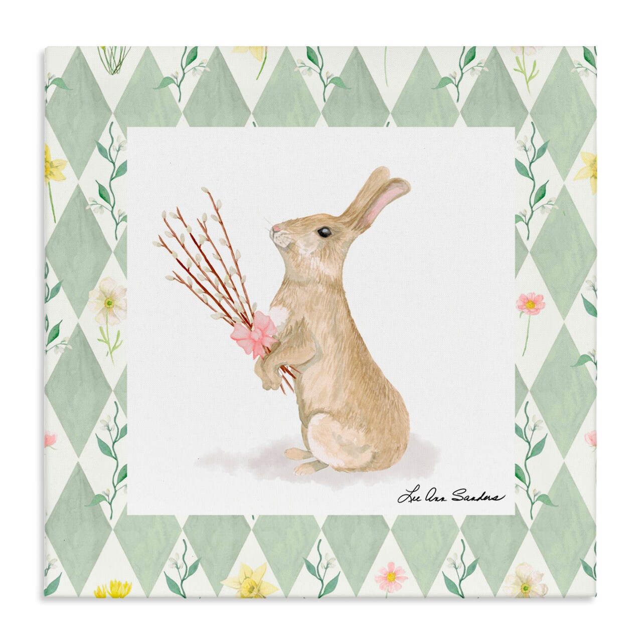 Stupell Industries Bouquet Bunny on Green Argyle Canvas, design by Lee Ann Sanders